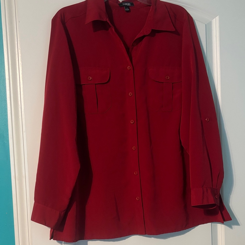 Elementz Women's Red Button Down Wrinkle Work Free Shirt